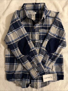 Carter's Blue Gray Plaid Button-Down Shirt with Elbow Patches
